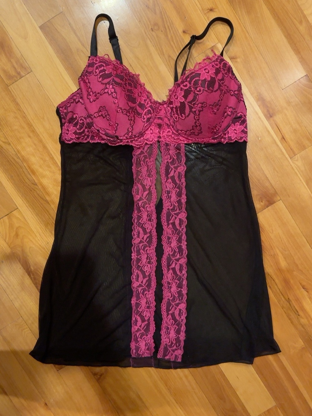 Y2K Black Pink Lace Lingerie Slip Dress Sheer Mesh Underwire Babydoll Goth